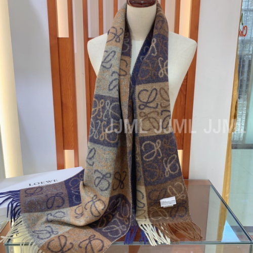 로에베[LOEWE] 아나그램 로고 인타르시아 울 블렌드 머플러 네이비/브라운