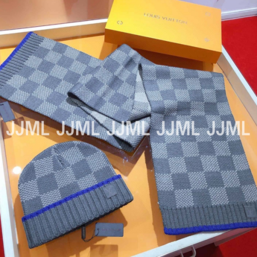 루이비통 체크 머플러 & 비니 블루