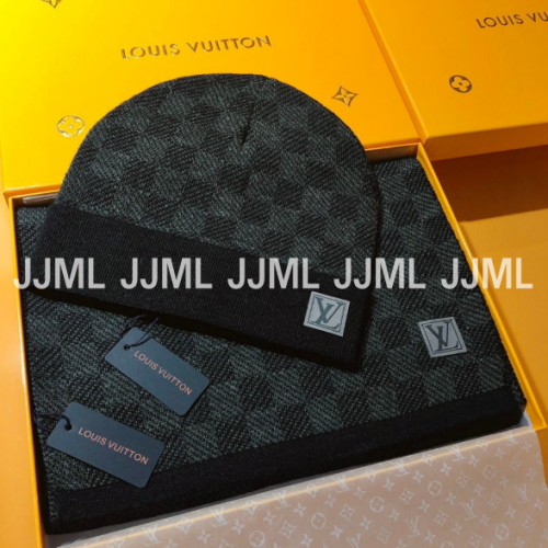 루이비통 체크 머플러 & 비니 블랙