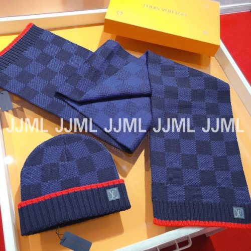 루이비통 체크 머플러 & 비니 레드