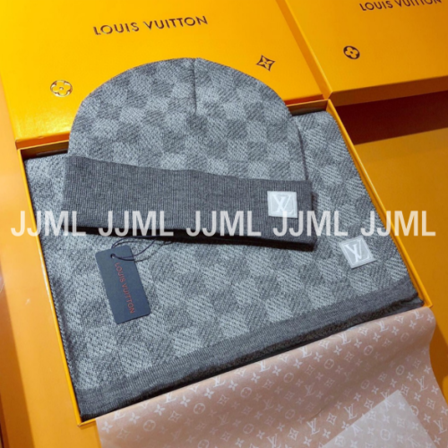 루이비통 체크 머플러 & 비니 그레이