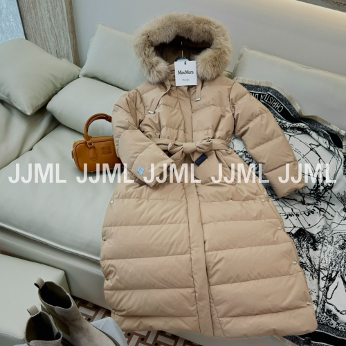 막스마라 퍼 후드 스트랩 롱패딩 베이지