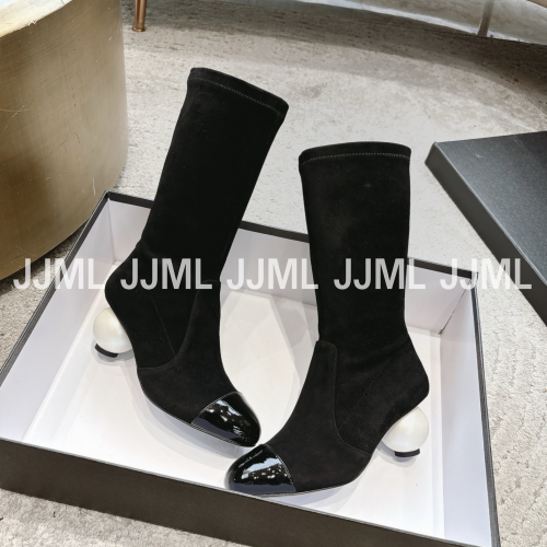 샤넬 하이부츠 진주굽 블랙 스웨이드