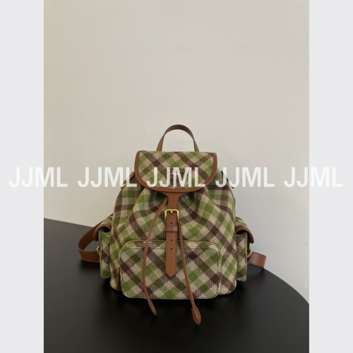 미우미우 플래드 앤 레더 백팩 카멜그린