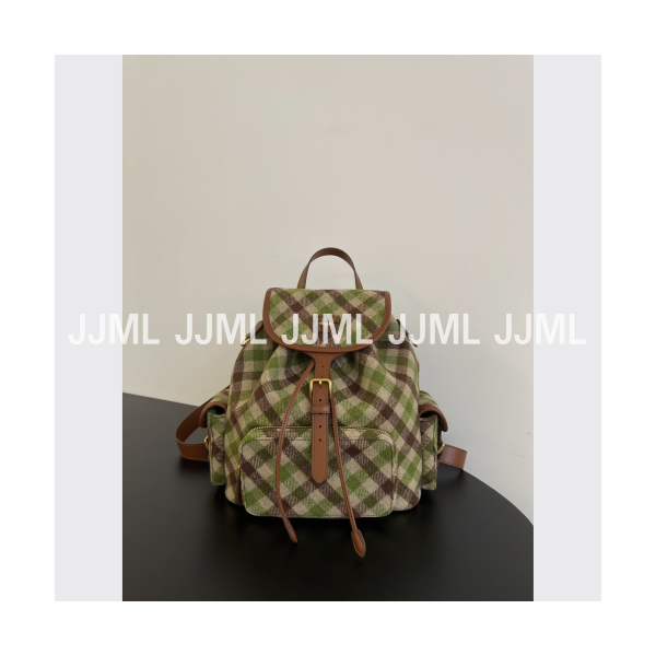 미우미우 플래드 앤 레더 백팩 카멜그린