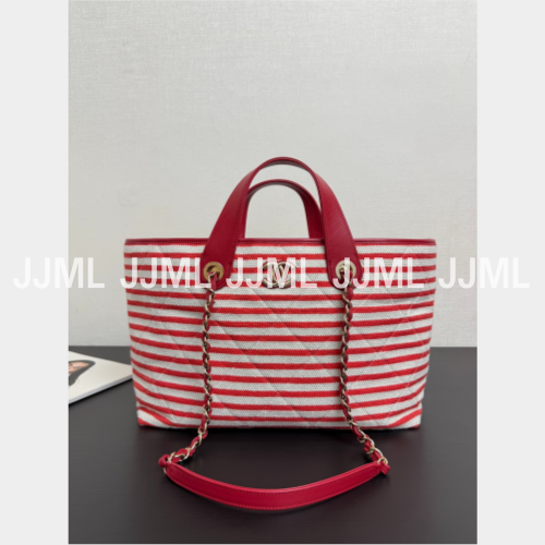 샤넬 도빌 쇼핑백 캔버스 레드