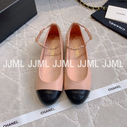 샤넬 투톤 체인 스트랩 발레리나 플랫 슈즈 핑크블랙