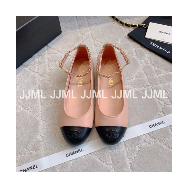 샤넬 투톤 체인 스트랩 발레리나 플랫 슈즈 핑크블랙