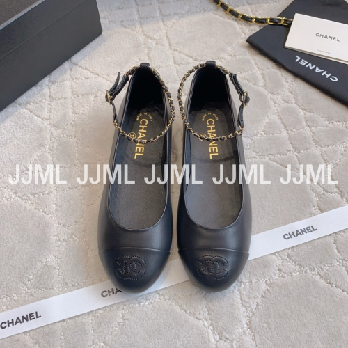 샤넬 투톤 체인 스트랩 발레리나 플랫 슈즈 블랙블랙