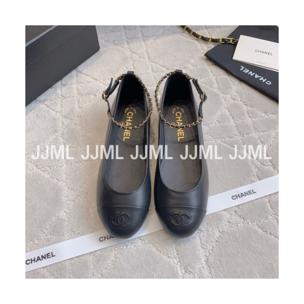 샤넬 투톤 체인 스트랩 발레리나 플랫 슈즈 블랙블랙