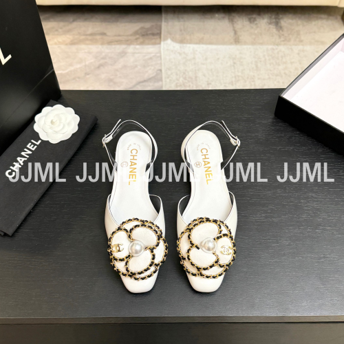 샤넬 까멜리아 슬링백 플랫 슈즈 화이트