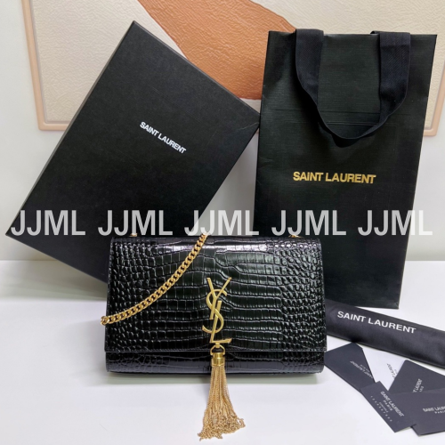 입생로랑 케이트 테슬 크로커다일 엠보싱 숄더백 블랙 골드