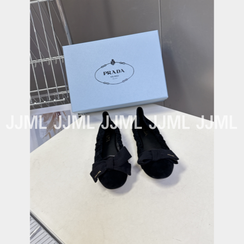 프라다 가죽 스크런치 리본 플랫 블랙 스웨이드
