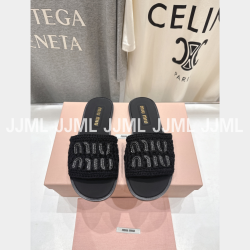 미우미우 라피아 슬라이드 샌들 블랙