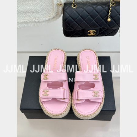 샤넬 벨크로 슬라이드 샌들 핑크