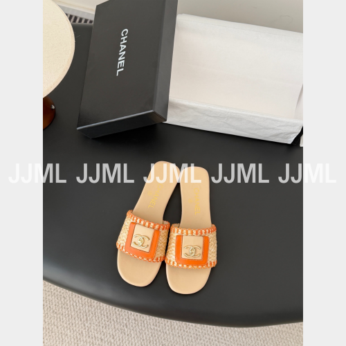샤넬 라탄 로고 슬리퍼 오렌지