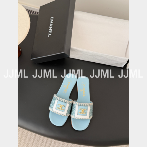 샤넬 라탄 로고 슬리퍼 블루
