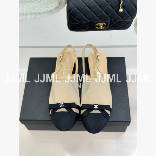 샤넬 컬러 콤비 슬링백 펌프스 베이지