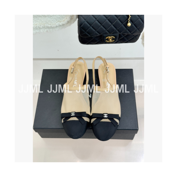 샤넬 컬러 콤비 슬링백 펌프스 베이지