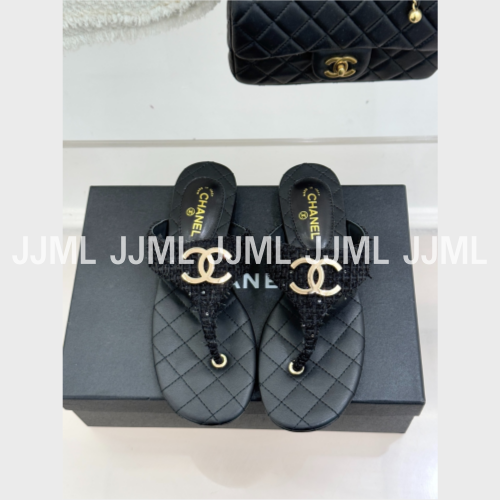 샤넬 CC로고 T스트랩 샌들 블랙 트위드