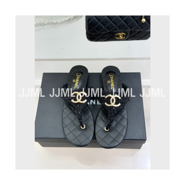 샤넬 CC로고 T스트랩 샌들 블랙 트위드