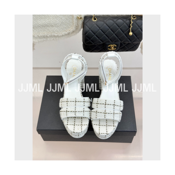 샤넬 가보시힐 샌들 트위드 체크 화이트
