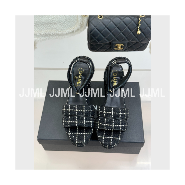 샤넬 가보시힐 샌들 트위드 체크 블랙
