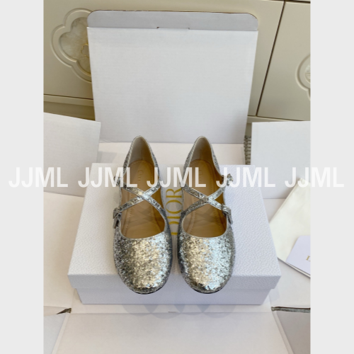 디올 베리 디올 발레리나 플랫 슈즈 글리터 실버