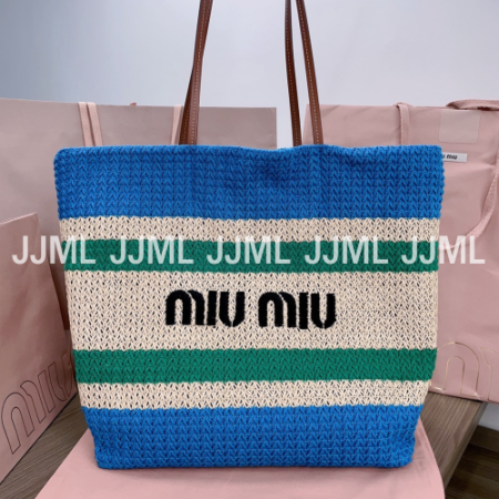 미우미우 스트라이프 크로셰 토트백 블루 그린 5BG228