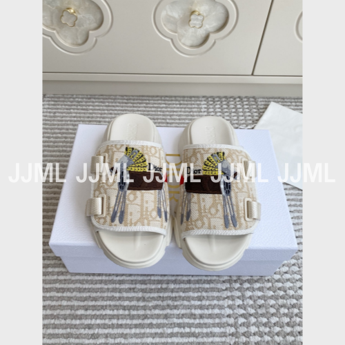 디올 오블리크 모티브 자카드 D-Wander 뮬샌들 베이지