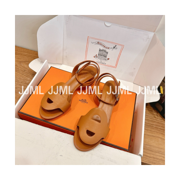 에르메스 샹달 로고 스트랩 샌들 뮬 브라운