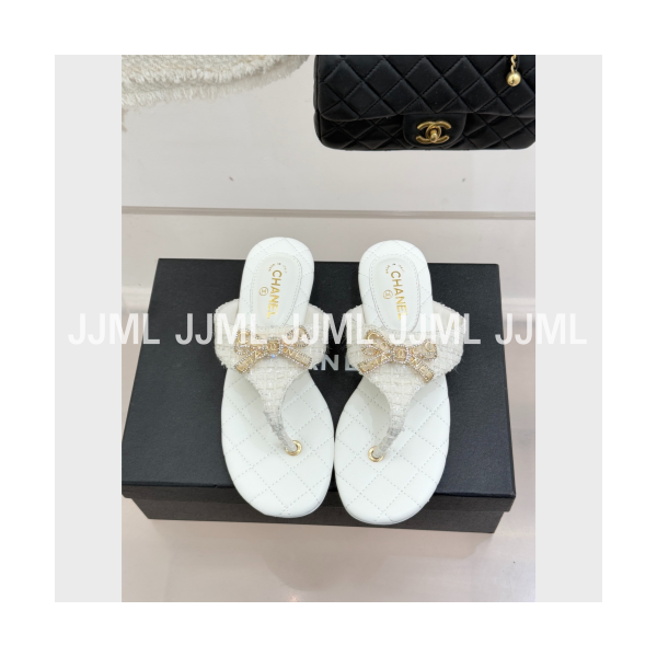 샤넬 리본 퀄팅 플리플랍 트위드 화이트