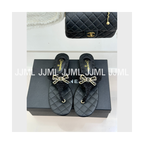 샤넬 리본 퀄팅 플리플랍 트위드 블랙