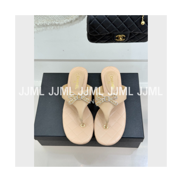 샤넬 리본 퀄팅 플리플랍 레더 베이지