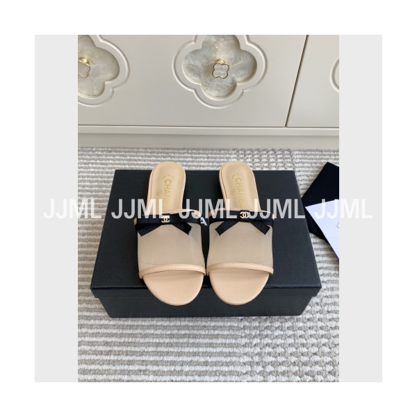 샤넬 시어 리본 뮬 슬리퍼 베이지