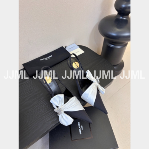 생로랑 보우 디테일 슬링백 힐 화이트 보우